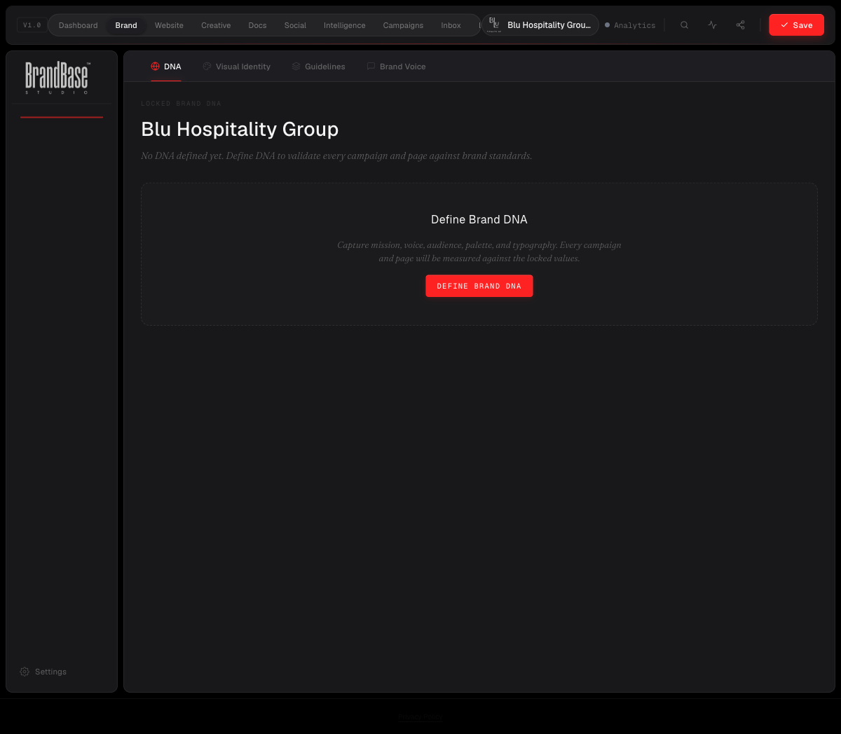 BrandBase Studio interface showing BHG brand DNA controls